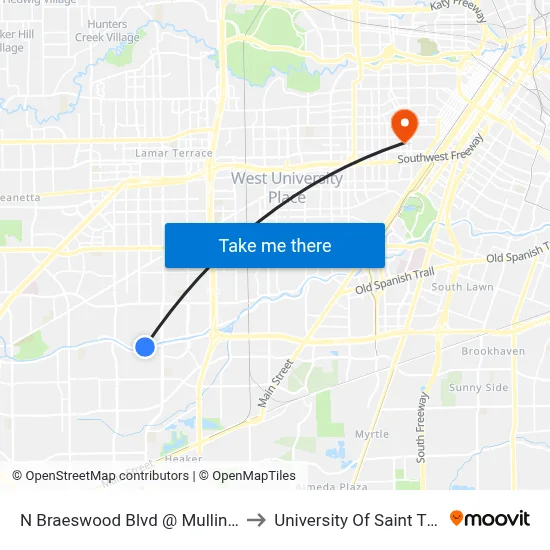 N Braeswood Blvd @ Mullins Dr MB to University Of Saint Thomas map