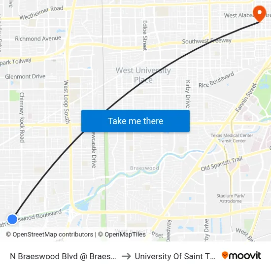 N Braeswood Blvd @ Braesmont Dr to University Of Saint Thomas map