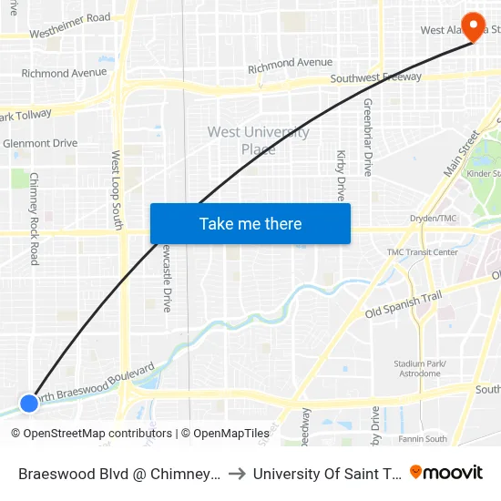 Braeswood Blvd @ Chimney Rock Rd to University Of Saint Thomas map
