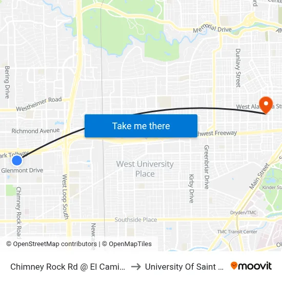 Chimney Rock Rd @ El Camino Del Rey to University Of Saint Thomas map