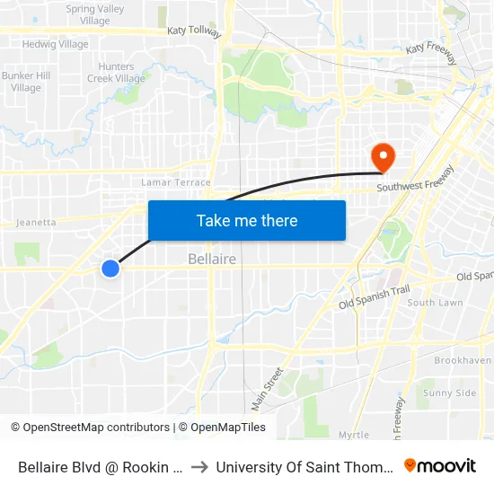 Bellaire Blvd @ Rookin St to University Of Saint Thomas map