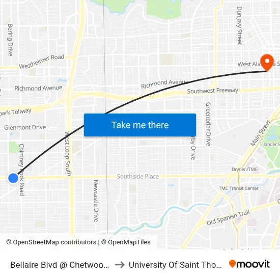 Bellaire Blvd @ Chetwood Dr to University Of Saint Thomas map