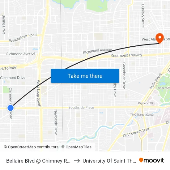 Bellaire Blvd @ Chimney Rock Rd to University Of Saint Thomas map