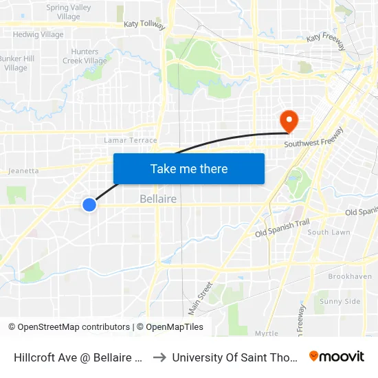 Hillcroft Ave @ Bellaire Blvd to University Of Saint Thomas map