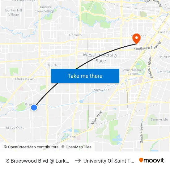 S Braeswood Blvd @ Larkwood Dr to University Of Saint Thomas map