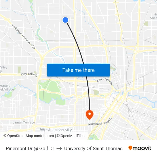 Pinemont Dr @ Golf Dr to University Of Saint Thomas map