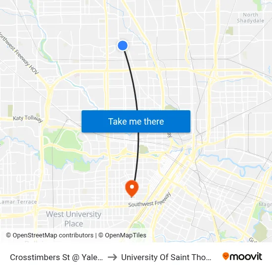 Crosstimbers St @ Yale St to University Of Saint Thomas map