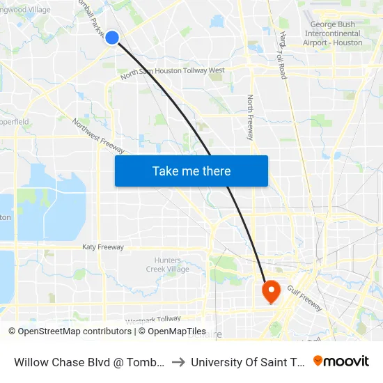 Willow Chase Blvd @ Tomball Pkwy to University Of Saint Thomas map