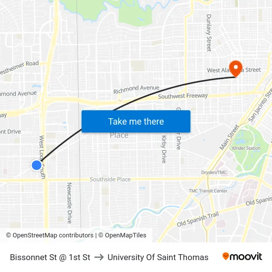 Bissonnet St @ 1st St to University Of Saint Thomas map