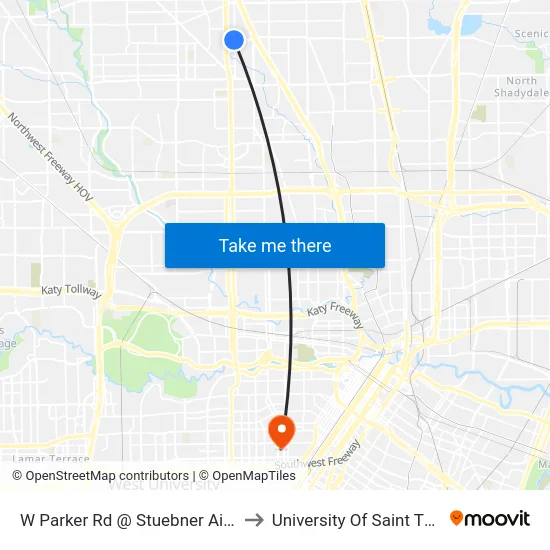 W Parker Rd @ Stuebner Airline Rd to University Of Saint Thomas map