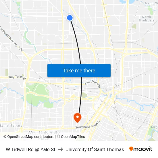 W Tidwell Rd @ Yale St to University Of Saint Thomas map