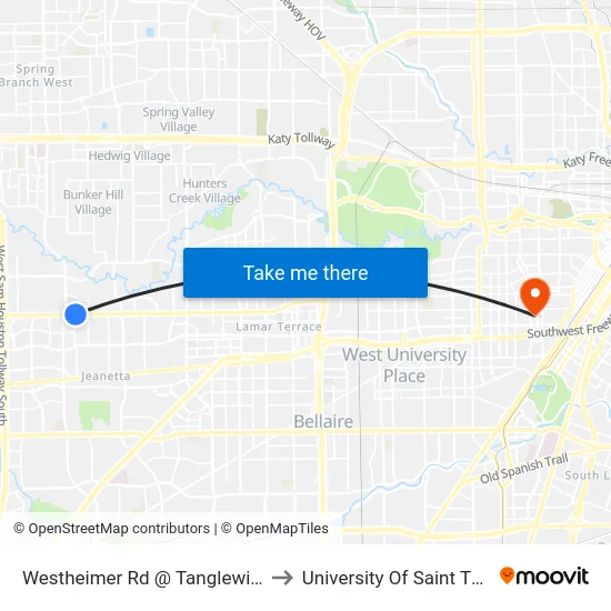 Westheimer Rd @ Tanglewilde Ave to University Of Saint Thomas map
