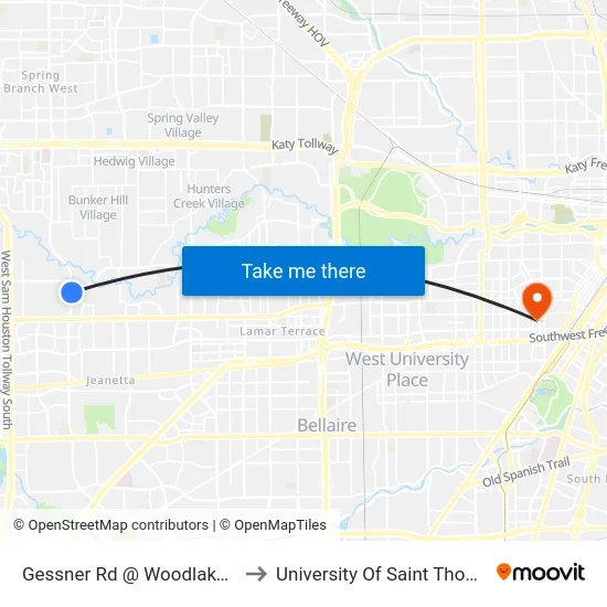 Gessner Rd @ Woodlake Ln to University Of Saint Thomas map