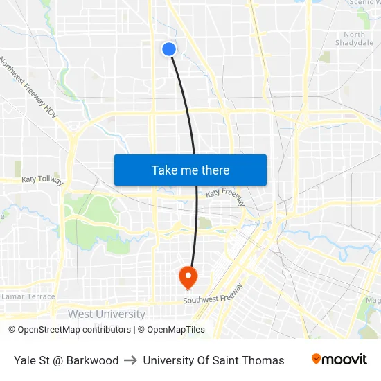 Yale St @ Barkwood to University Of Saint Thomas map