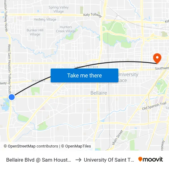Bellaire Blvd @ Sam Houston Pkwy to University Of Saint Thomas map