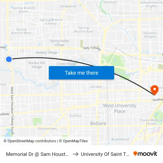 Memorial Dr @ Sam Houston Pkwy to University Of Saint Thomas map