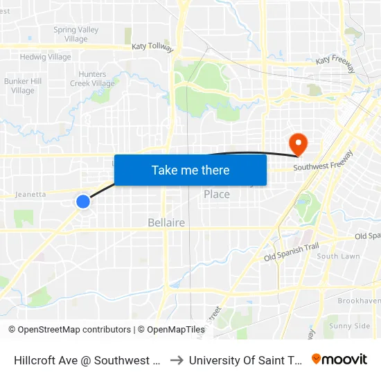 Hillcroft Ave @ Southwest Freeway to University Of Saint Thomas map