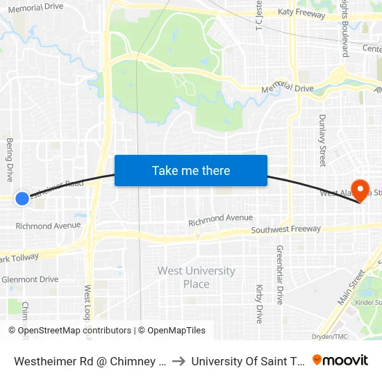 Westheimer Rd @ Chimney Rock Rd to University Of Saint Thomas map