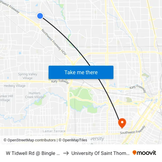 W Tidwell Rd @ Bingle Rd to University Of Saint Thomas map