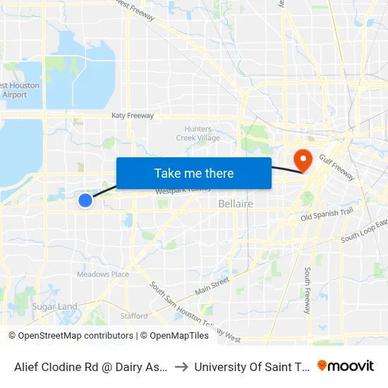 Alief Clodine Rd @ Dairy Ashford Rd to University Of Saint Thomas map