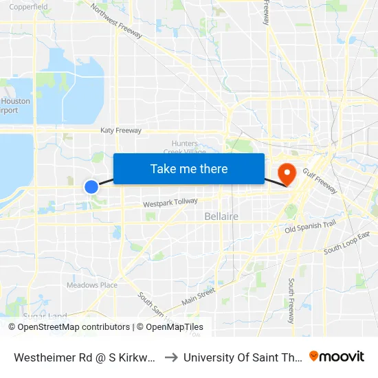Westheimer Rd @ S Kirkwood Rd to University Of Saint Thomas map