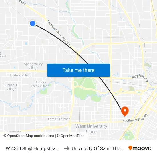 W 43rd St @ Hempstead Rd to University Of Saint Thomas map