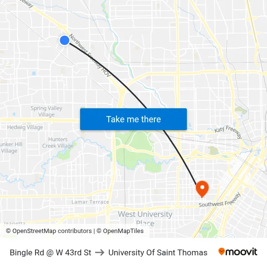 Bingle Rd @ W 43rd St to University Of Saint Thomas map