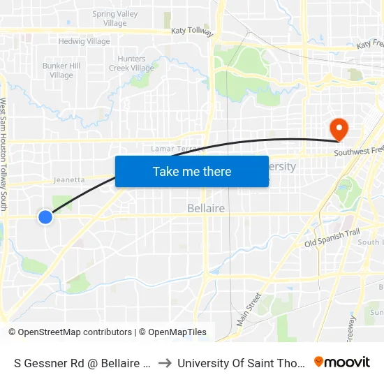 S Gessner Rd @ Bellaire Blvd to University Of Saint Thomas map