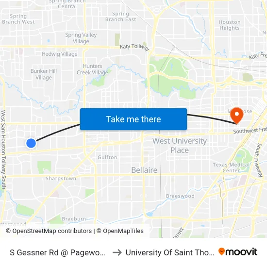 S Gessner Rd @ Pagewood Ln to University Of Saint Thomas map