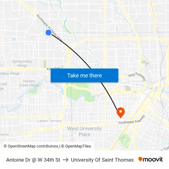 Antoine Dr @ W 34th St to University Of Saint Thomas map