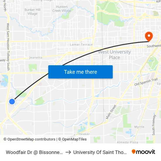 Woodfair Dr @ Bissonnet St to University Of Saint Thomas map