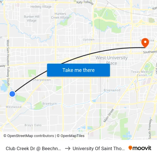 Club Creek Dr @ Beechnut St to University Of Saint Thomas map