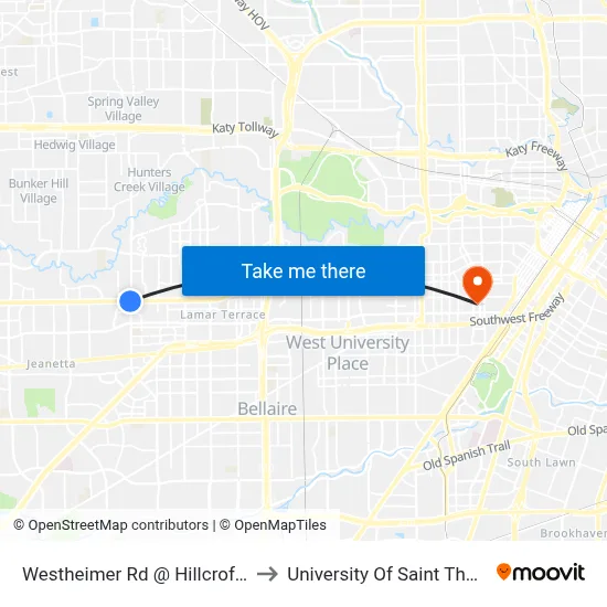 Westheimer Rd @ Hillcroft Ave to University Of Saint Thomas map