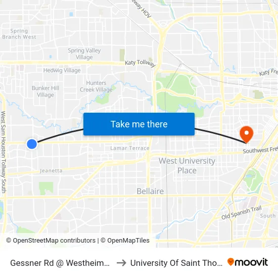 Gessner Rd @ Westheimer Rd to University Of Saint Thomas map