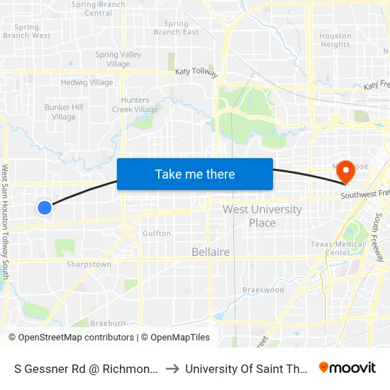 S Gessner Rd @ Richmond Ave to University Of Saint Thomas map