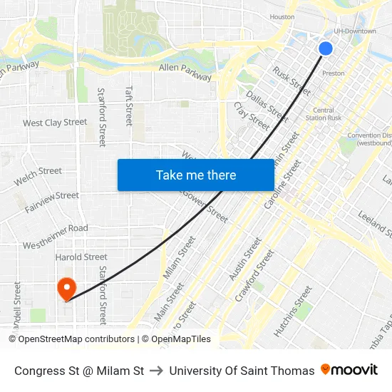 Congress St @ Milam St to University Of Saint Thomas map