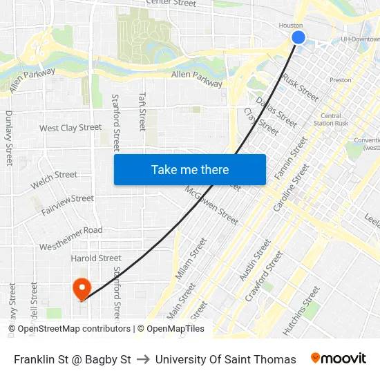 Franklin St @ Bagby St to University Of Saint Thomas map