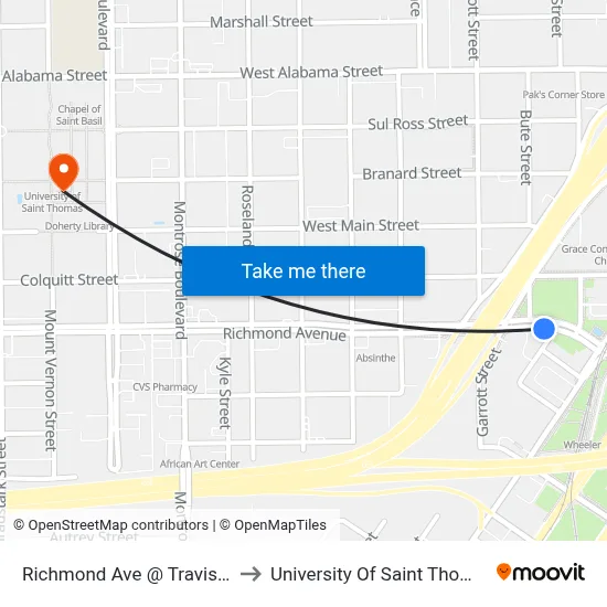 Richmond Ave @ Travis St to University Of Saint Thomas map