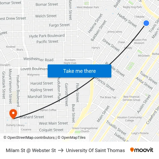 Milam St @ Webster St to University Of Saint Thomas map