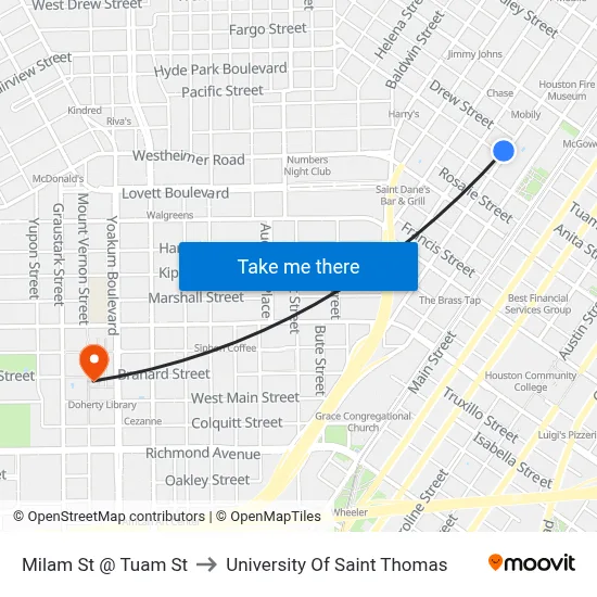 Milam St @ Tuam St to University Of Saint Thomas map