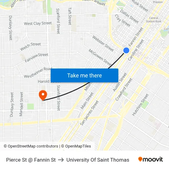 Pierce St @ Fannin St to University Of Saint Thomas map