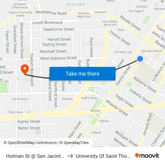 Holman St @ San Jacinto St to University Of Saint Thomas map