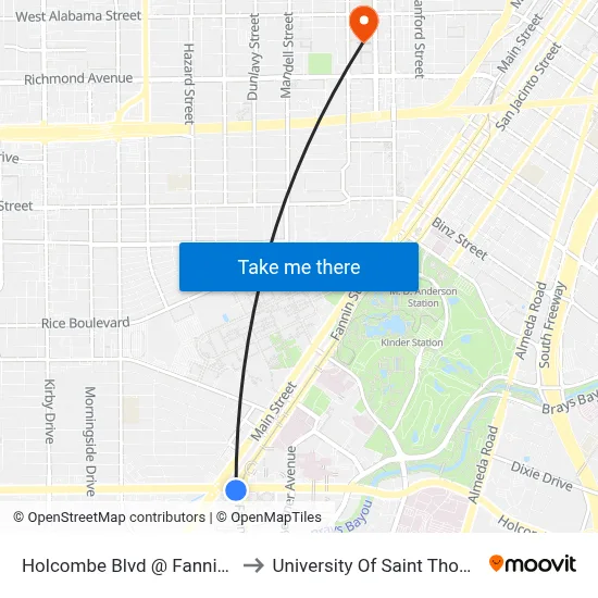Holcombe Blvd @ Fannin St to University Of Saint Thomas map