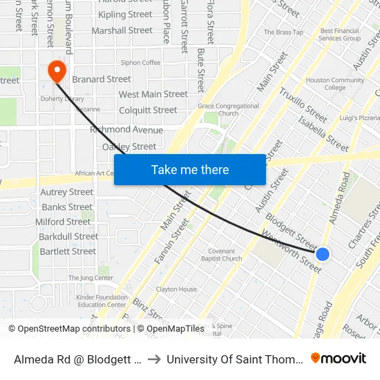 Almeda Rd @ Blodgett St to University Of Saint Thomas map