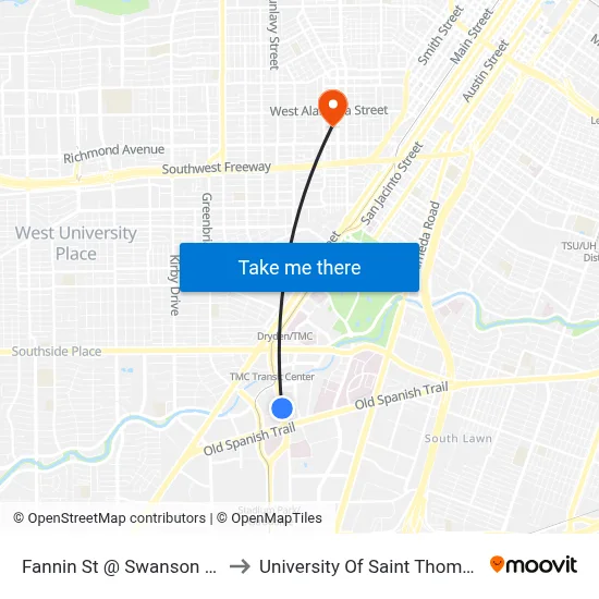 Fannin St @ Swanson St to University Of Saint Thomas map
