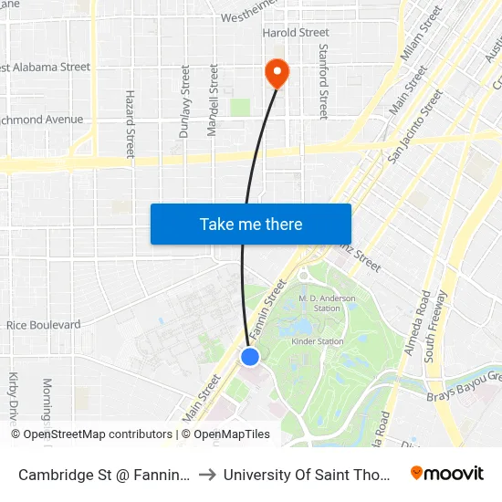 Cambridge St @ Fannin St to University Of Saint Thomas map