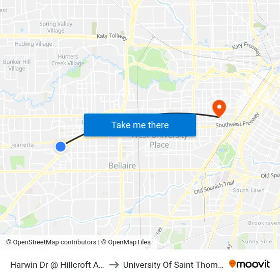Harwin Dr @ Hillcroft Ave to University Of Saint Thomas map