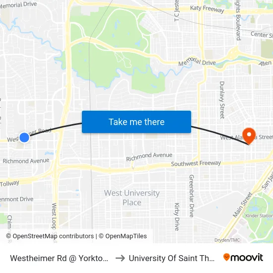 Westheimer Rd @ Yorktown St to University Of Saint Thomas map