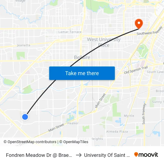 Fondren Meadow Dr @ Braes Crossing to University Of Saint Thomas map