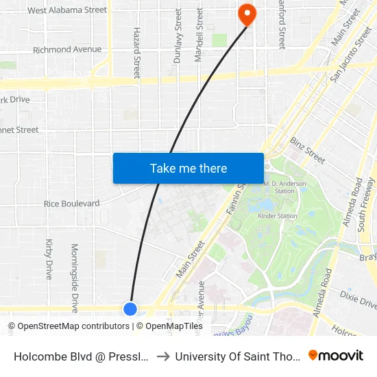 Holcombe Blvd @ Pressler St to University Of Saint Thomas map